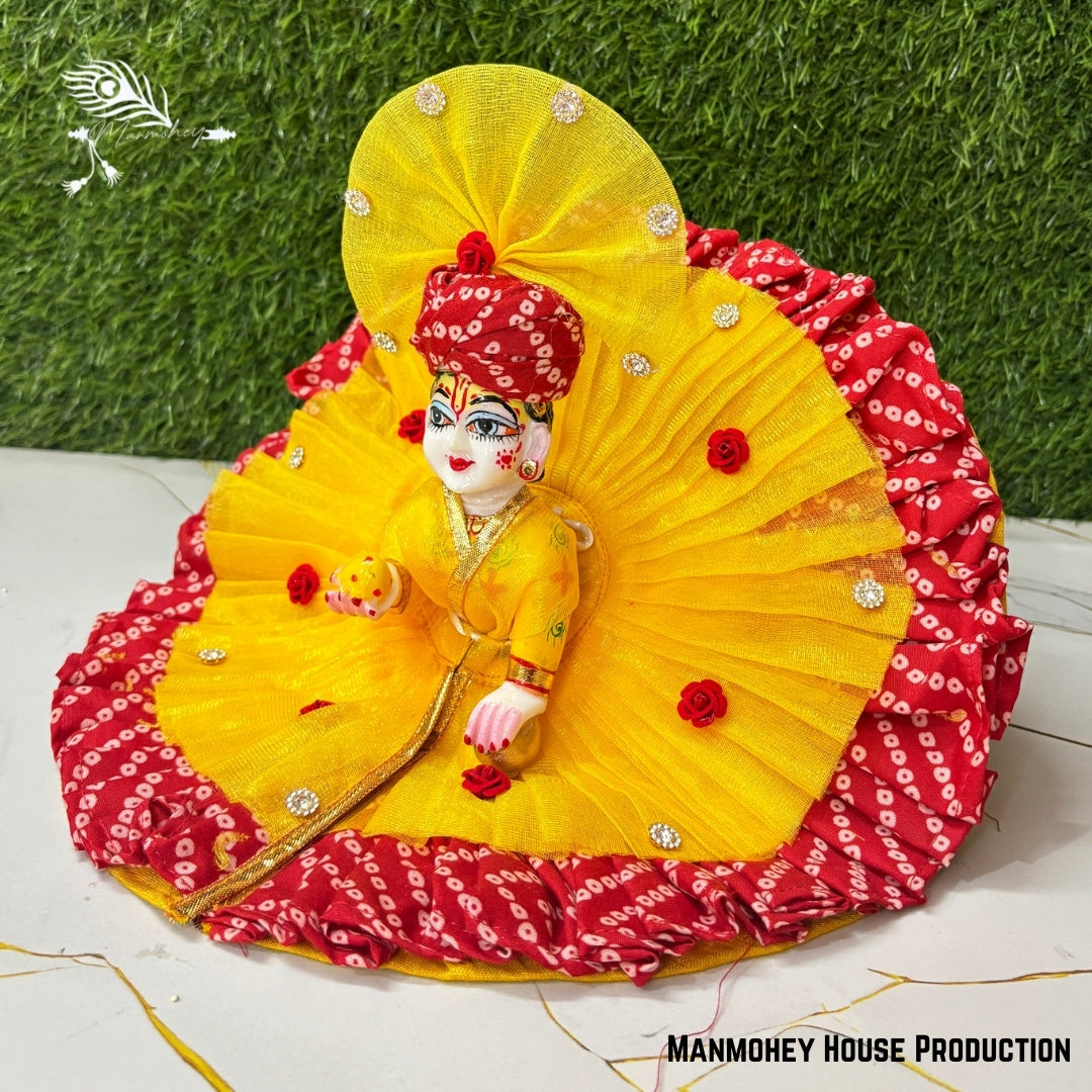 Royal Yellow & Red Laddu Gopal Heavy Dress – Handcrafted Poshak for Kanha Ji