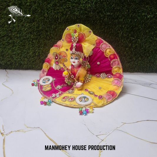 Laddu Gopal Dress with Bansuri – Yellow & Pink Embroidered Festive Outfit