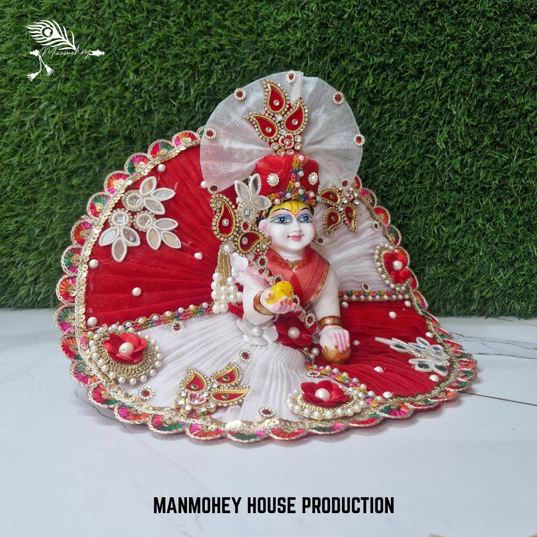 Divine Dual-Tone Red & White Dress for Laddu Gopal with Crown & Bead Embroidery | Manmohey Exclusive