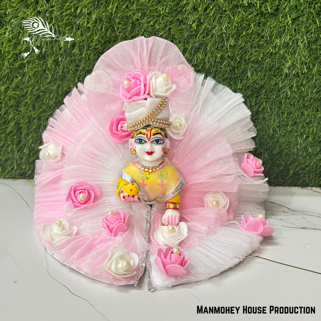 Pink Floral Laddu Gopal Heavy Dress – Handcrafted Bal Gopal Poshak with Pearl & Rose Embellishments