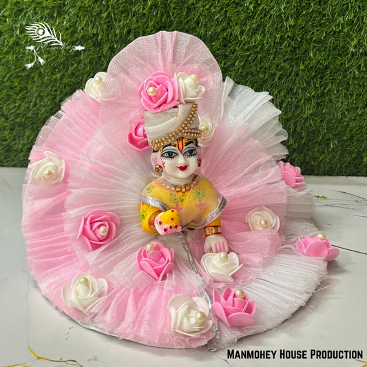Pink Floral Laddu Gopal Heavy Dress – Handcrafted Bal Gopal Poshak with Pearl & Rose Embellishments
