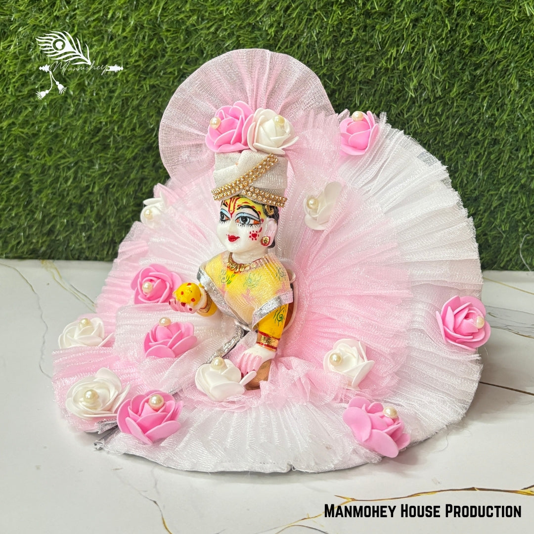 Pink Floral Laddu Gopal Heavy Dress – Handcrafted Bal Gopal Poshak with Pearl & Rose Embellishments
