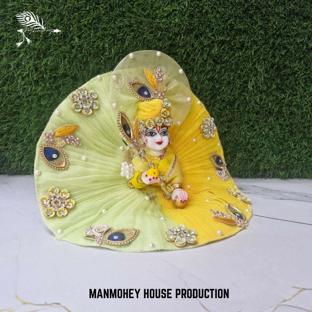 Divine Yellow-Green Laddu Gopal Dress with Bansuri & Peacock Motifs & Pearls
