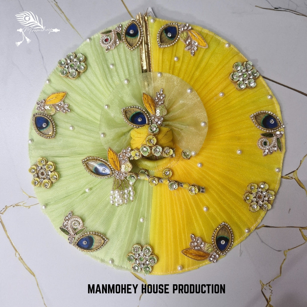 Divine Yellow-Green Laddu Gopal Dress with Bansuri & Peacock Motifs & Pearls
