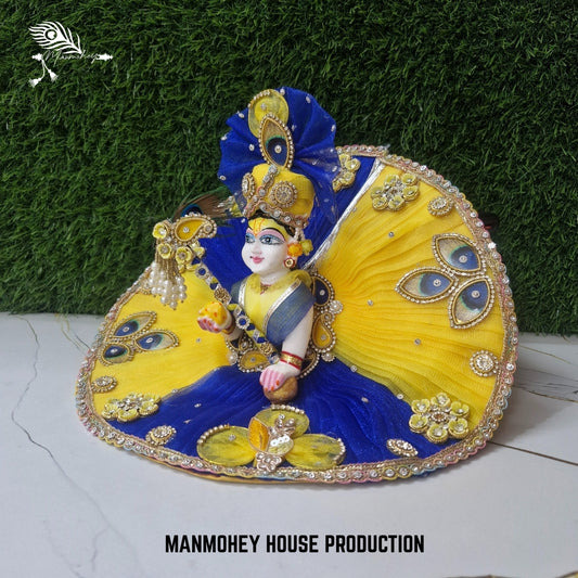 Royal Blue & Yellow Laddu Gopal Dress with Bansuri and Peacock Motif
