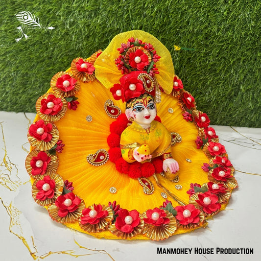 Floral Yellow Laddu Gopal Heavy Poshak | Handcrafted Krishna Ji Dress with Elegant Flowers