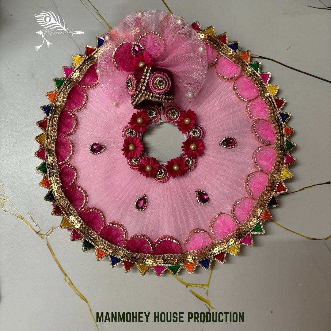 Exclusive Pink Designer Laddu Gopal Dress with Crown & Multicolor Border – Festive Edition