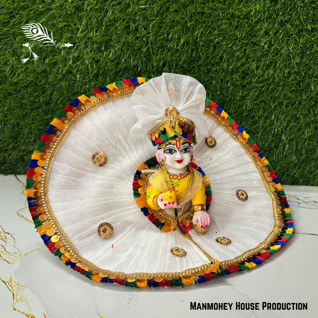 Royal White Laddu Gopal Heavy Dress – Multicolor Mirror Work Krishna Ji Poshak with Pom-Pom Borders