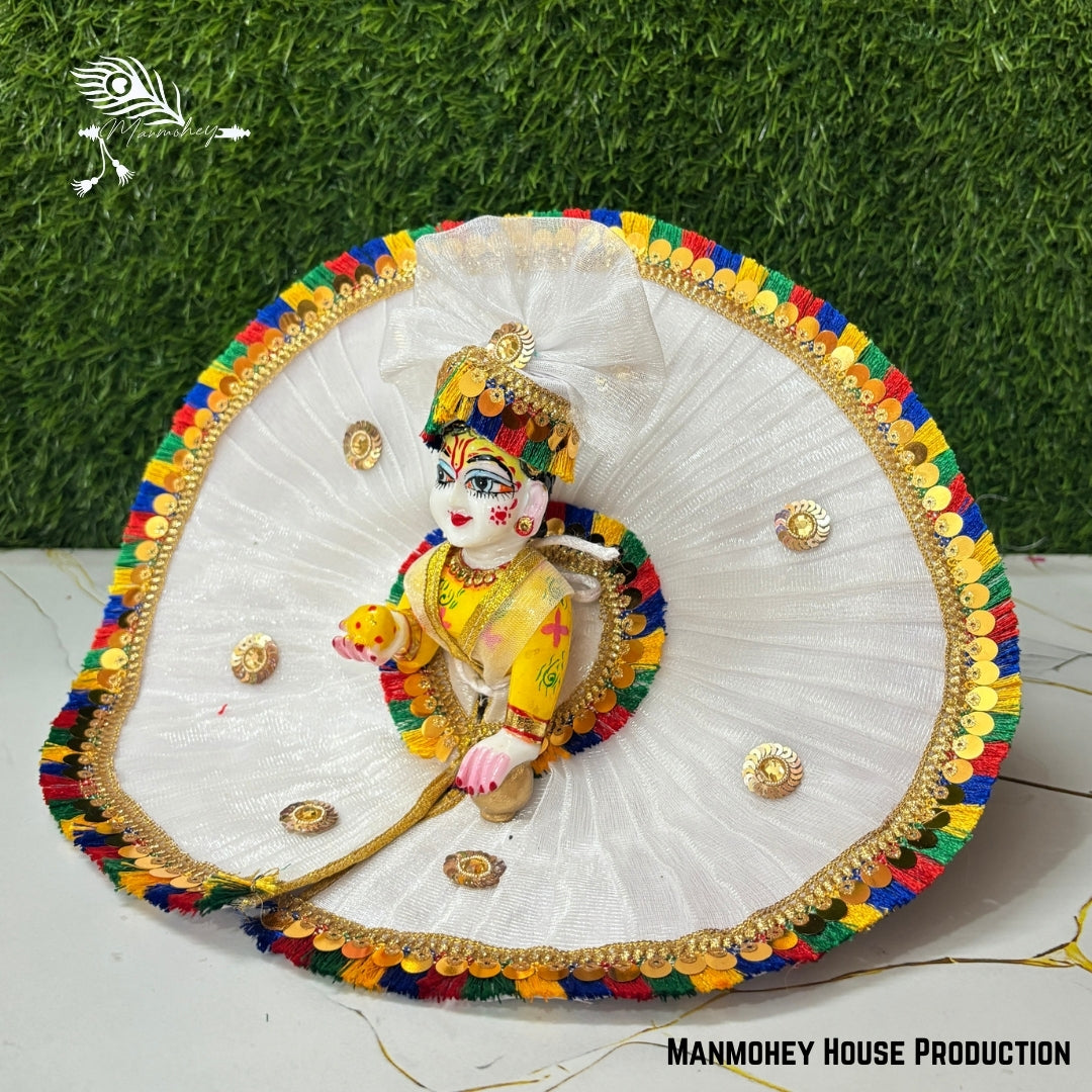 Royal White Laddu Gopal Heavy Dress – Multicolor Mirror Work Krishna Ji Poshak with Pom-Pom Borders