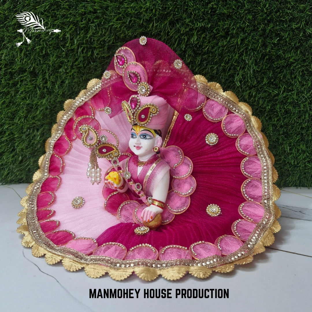 Elegant Pink & Magenta Net Dress for Laddu Gopal with Crown and Bansuri | Manmohey Designer Collection