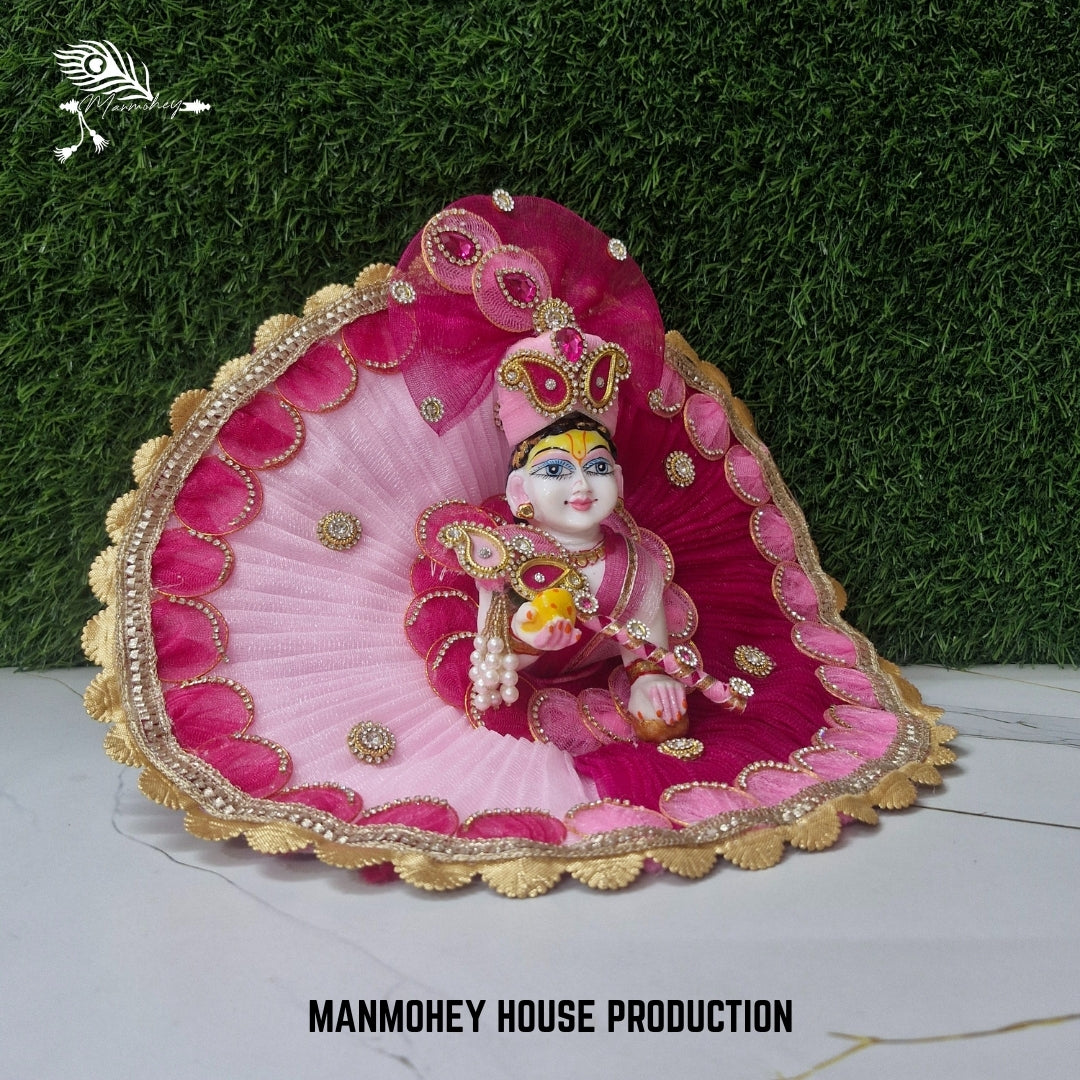 Elegant Pink & Magenta Net Dress for Laddu Gopal with Crown and Bansuri | Manmohey Designer Collection