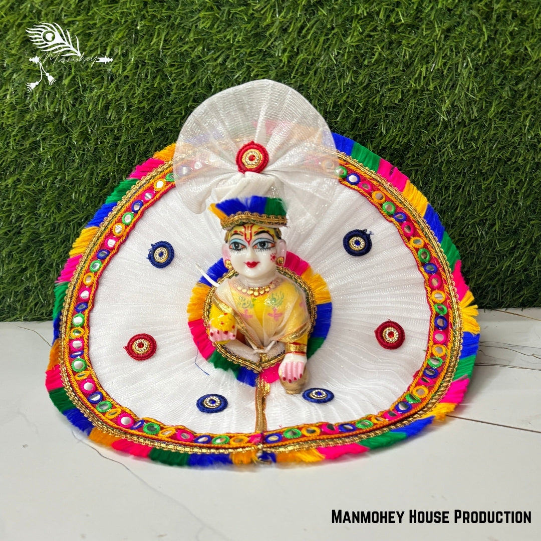 Elegant White Laddu Gopal Heavy Dress – Floral Bead Work Krishna Ji Poshak with Golden Embellishments