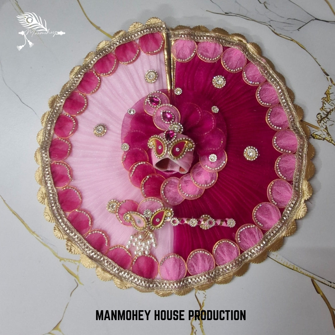 Elegant Pink & Magenta Net Dress for Laddu Gopal with Crown and Bansuri | Manmohey Designer Collection