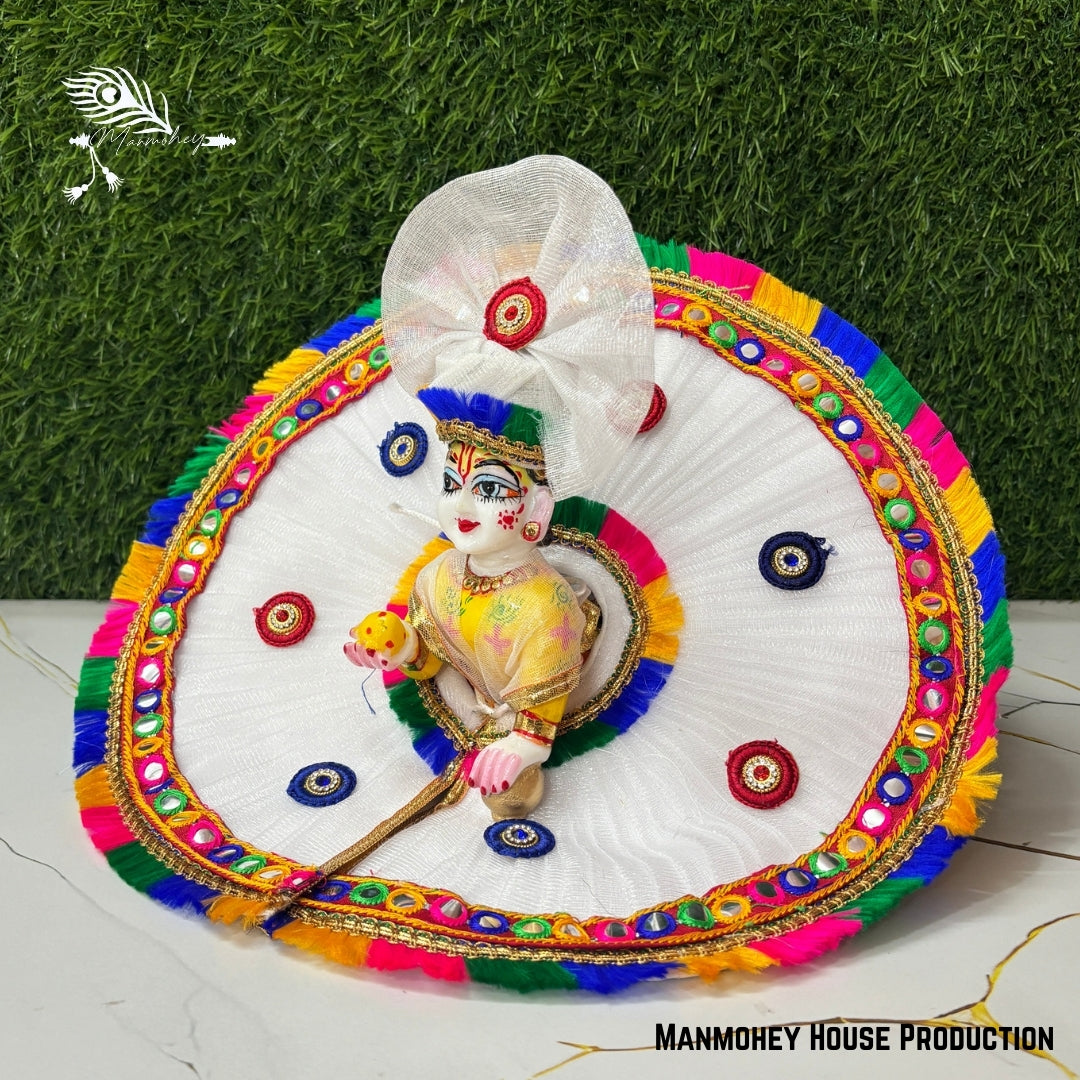 Elegant White Laddu Gopal Heavy Dress – Floral Bead Work Krishna Ji Poshak with Golden Embellishments