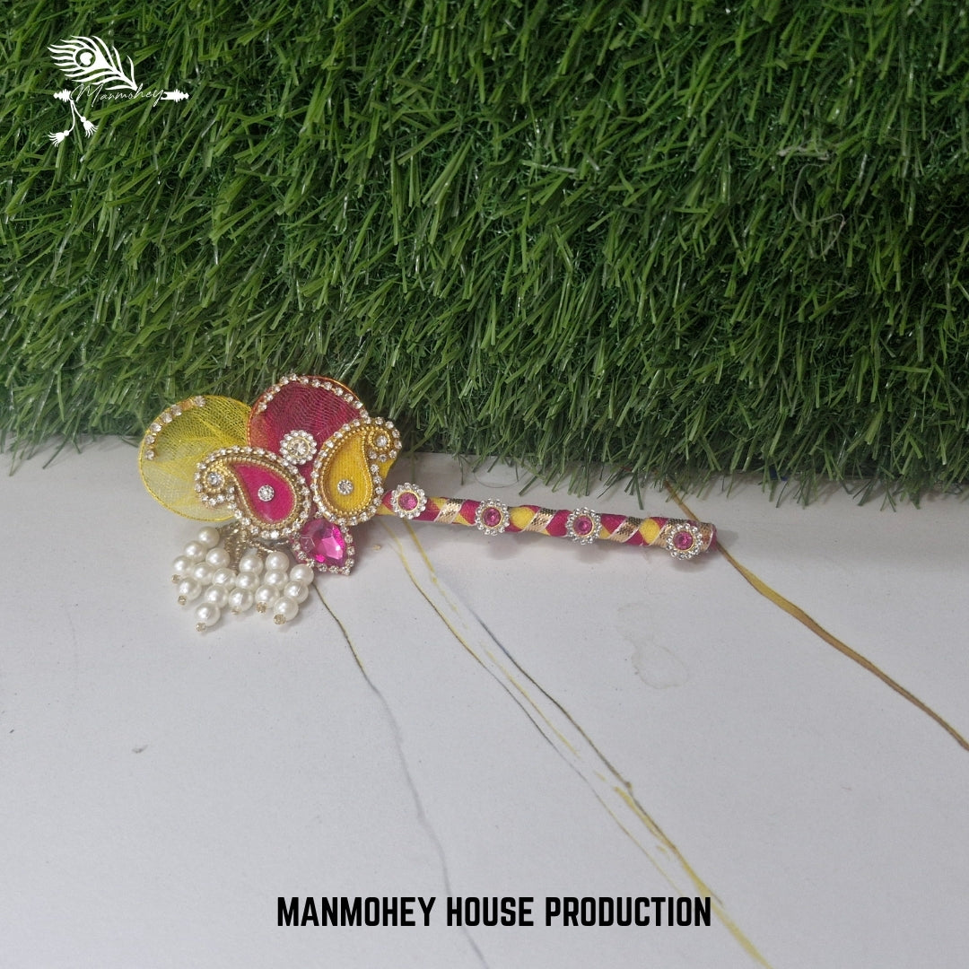 Elegant Pink & Magenta Net Dress for Laddu Gopal with Crown and Bansuri | Manmohey Designer Collection