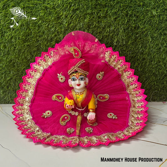 Handmade Laddu Gopal Heavy Dress – Pink Floral Designer Poshak with Pearl & Bead Work