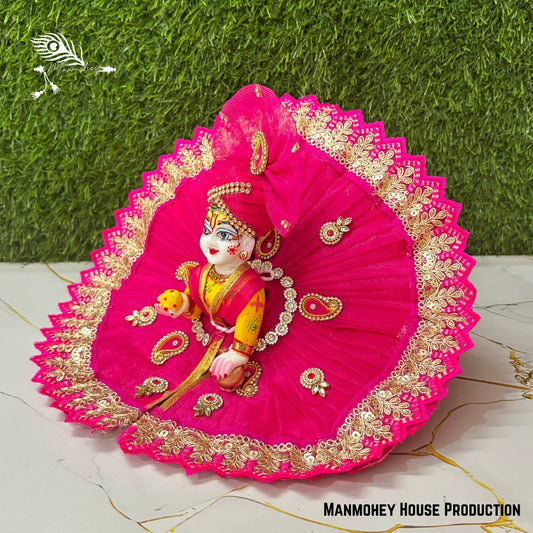 Handmade Laddu Gopal Heavy Dress – Pink Floral Designer Poshak with Pearl & Bead Work