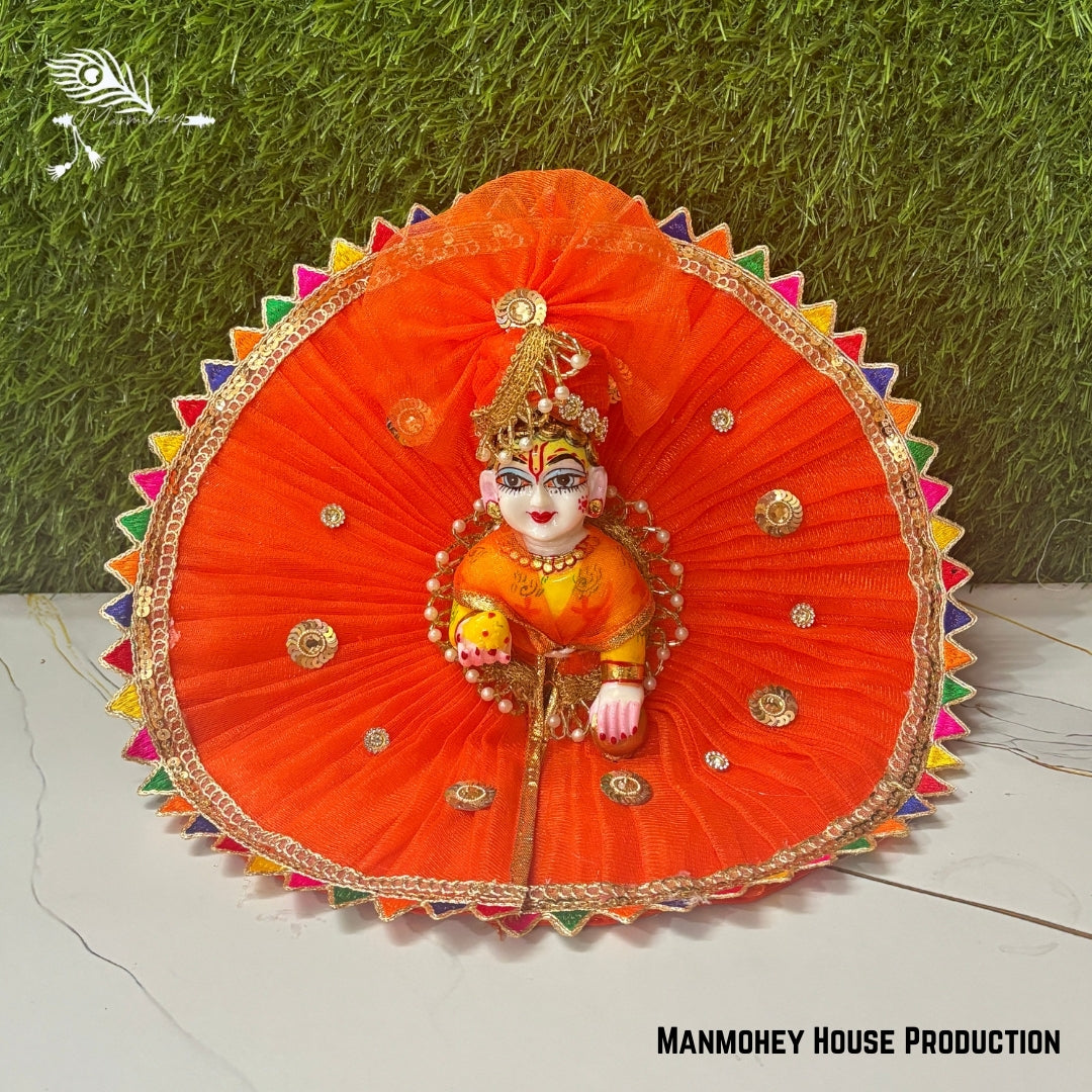 Orange Festive Laddu Gopal Ji Dress with Multicolor Border & Golden Work