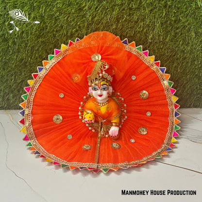Orange Festive Laddu Gopal Ji Dress with Multicolor Border & Golden Work