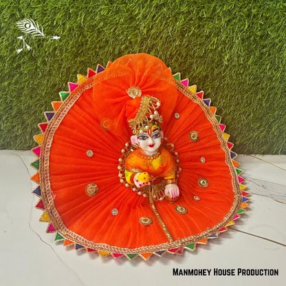 Orange Festive Laddu Gopal Ji Dress with Multicolor Border & Golden Work
