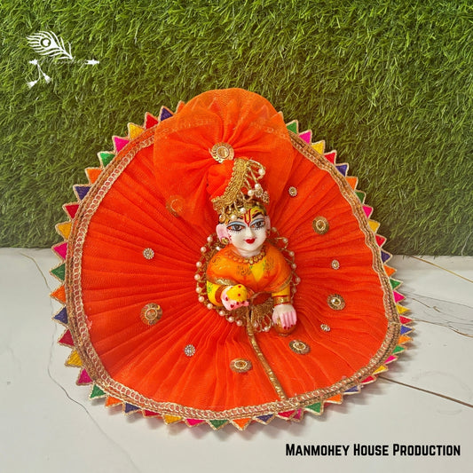 Orange Festive Laddu Gopal Ji Dress with Multicolor Border & Golden Work