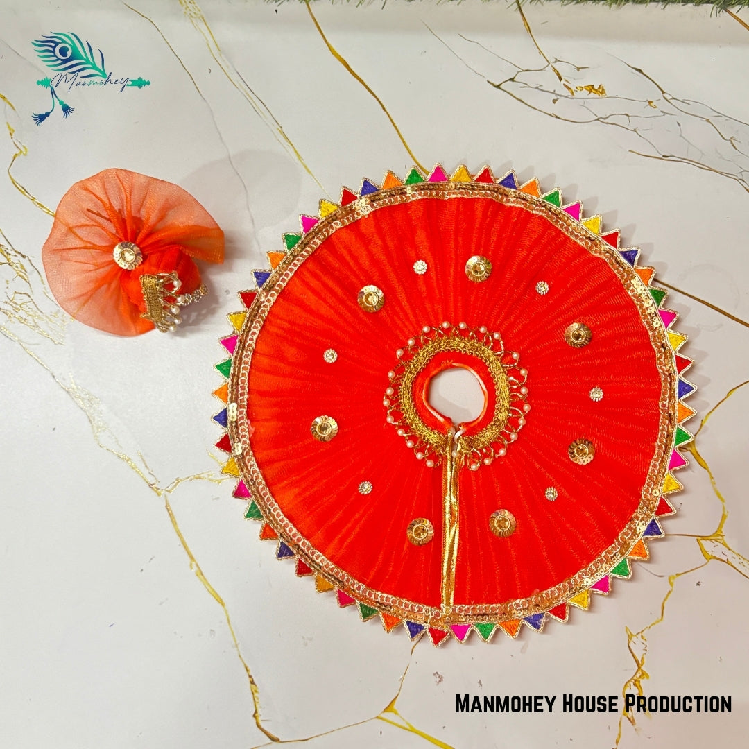 Orange Festive Laddu Gopal Ji Dress with Multicolor Border & Golden Work
