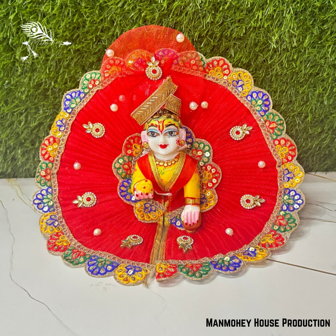 Traditional Red Laddu Gopal Ji Dress with Multicolor Embroidery and Pagdi