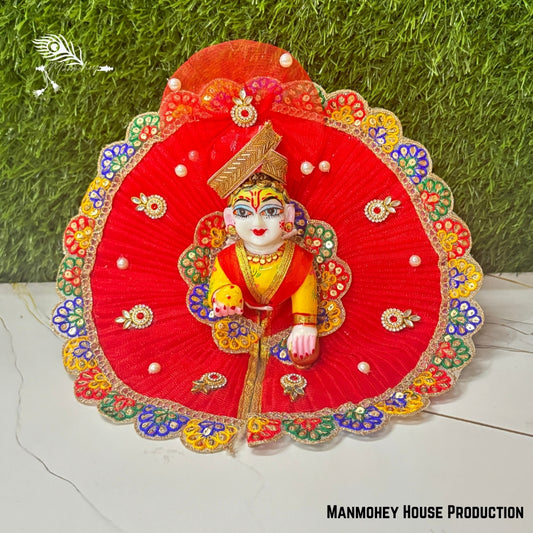 Traditional Red Laddu Gopal Ji Dress with Multicolor Embroidery and Pagdi