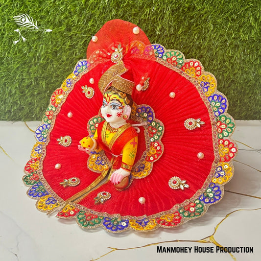 Traditional Red Laddu Gopal Ji Dress with Multicolor Embroidery and Pagdi