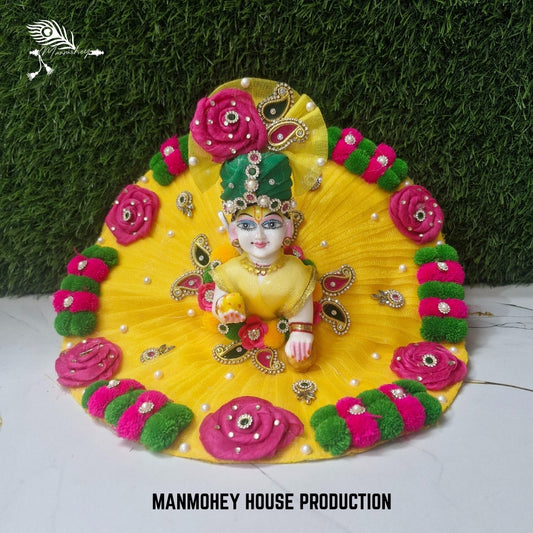 Laddu Gopal Ji Yellow Dress with Green-Pink Floral Design – Handmade Traditional Outfit