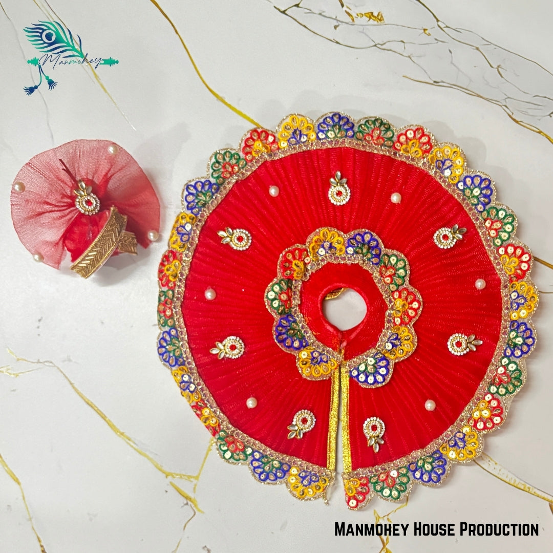 Traditional Red Laddu Gopal Ji Dress with Multicolor Embroidery and Pagdi