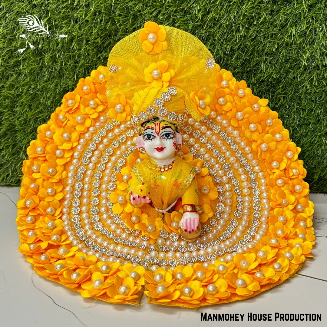 Radiant Yellow Moti Flower With Stone Work Baby Krishna Dress Set