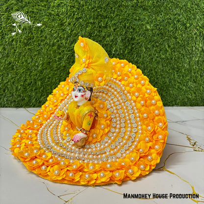 Radiant Yellow Moti Flower With Stone Work Baby Krishna Dress Set
