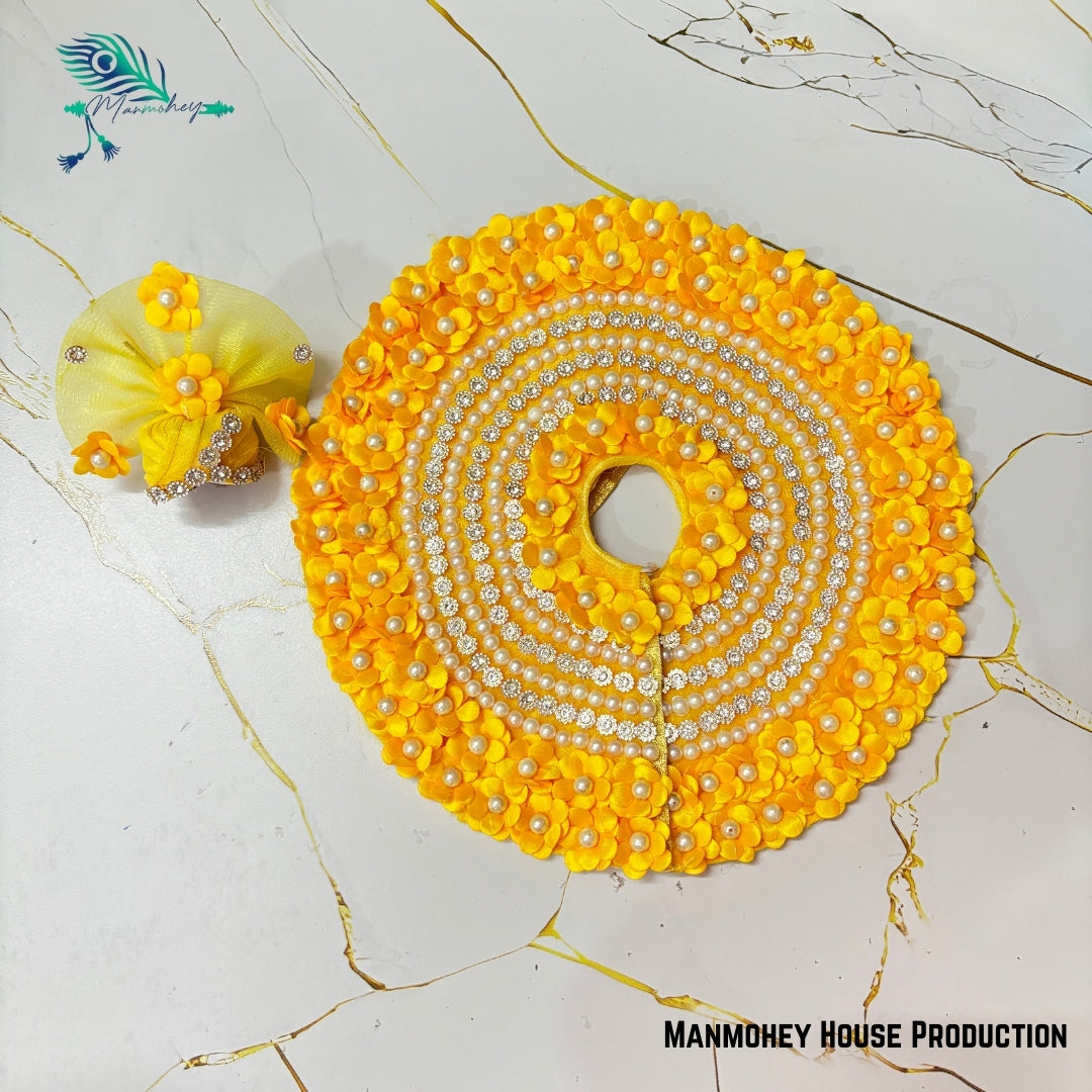 Radiant Yellow Moti Flower With Stone Work Baby Krishna Dress Set