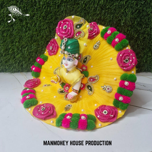 Laddu Gopal Ji Yellow Dress with Green-Pink Floral Design – Handmade Traditional Outfit