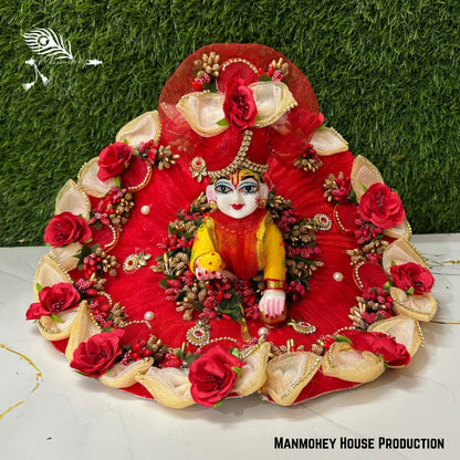 Handmade Laddu Gopal Heavy Dress – Royal Red Floral Poshak with Multicolor