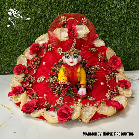 Handmade Laddu Gopal Heavy Dress – Royal Red Floral Poshak with Multicolor