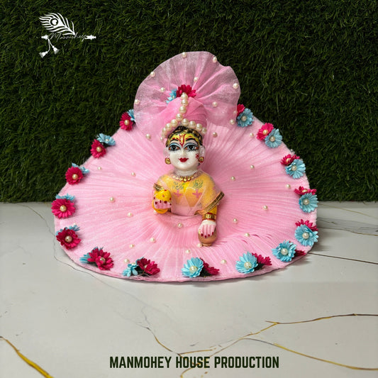 Elegant Pink Pearl & Floral Designer Laddu Gopal Ji Dress with Matching Pagdi