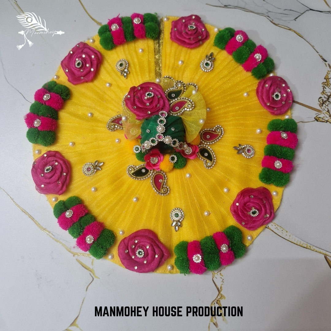 Laddu Gopal Ji Yellow Dress with Green-Pink Floral Design – Handmade Traditional Outfit