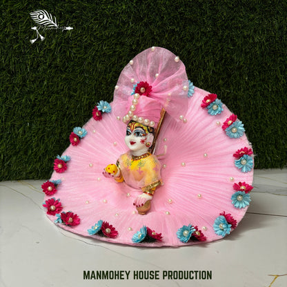 Elegant Pink Pearl & Floral Designer Laddu Gopal Ji Dress with Matching Pagdi