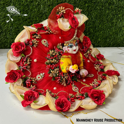 Handmade Laddu Gopal Heavy Dress – Royal Red Floral Poshak with Multicolor