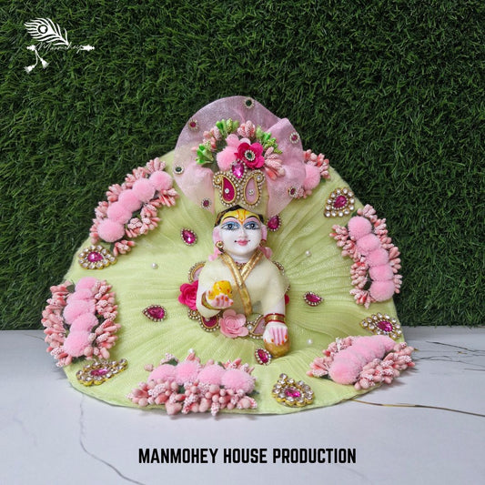 Pastel Green Velvet Look Dress for Laddu Gopal Ji with Pink Floral Embellishments