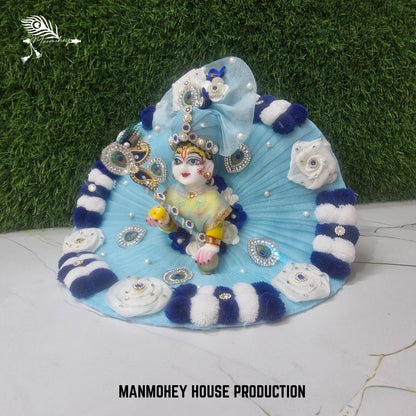 Sky Blue Designer Laddu Gopal Dress with Moti and Peacock Feather Work