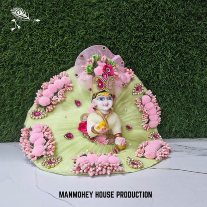Pastel Green Velvet Look Dress for Laddu Gopal Ji with Pink Floral Embellishments