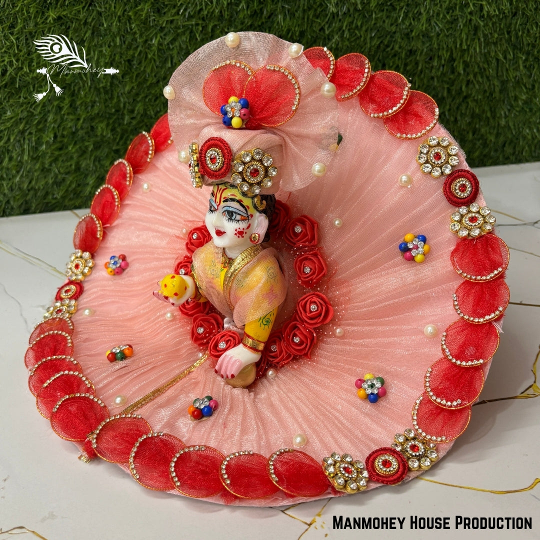 Elegant Baby Pink Laddu Gopal Heavy Dress – Handcrafted Krishna Ji Poshak with Floral & Pearl Detailing