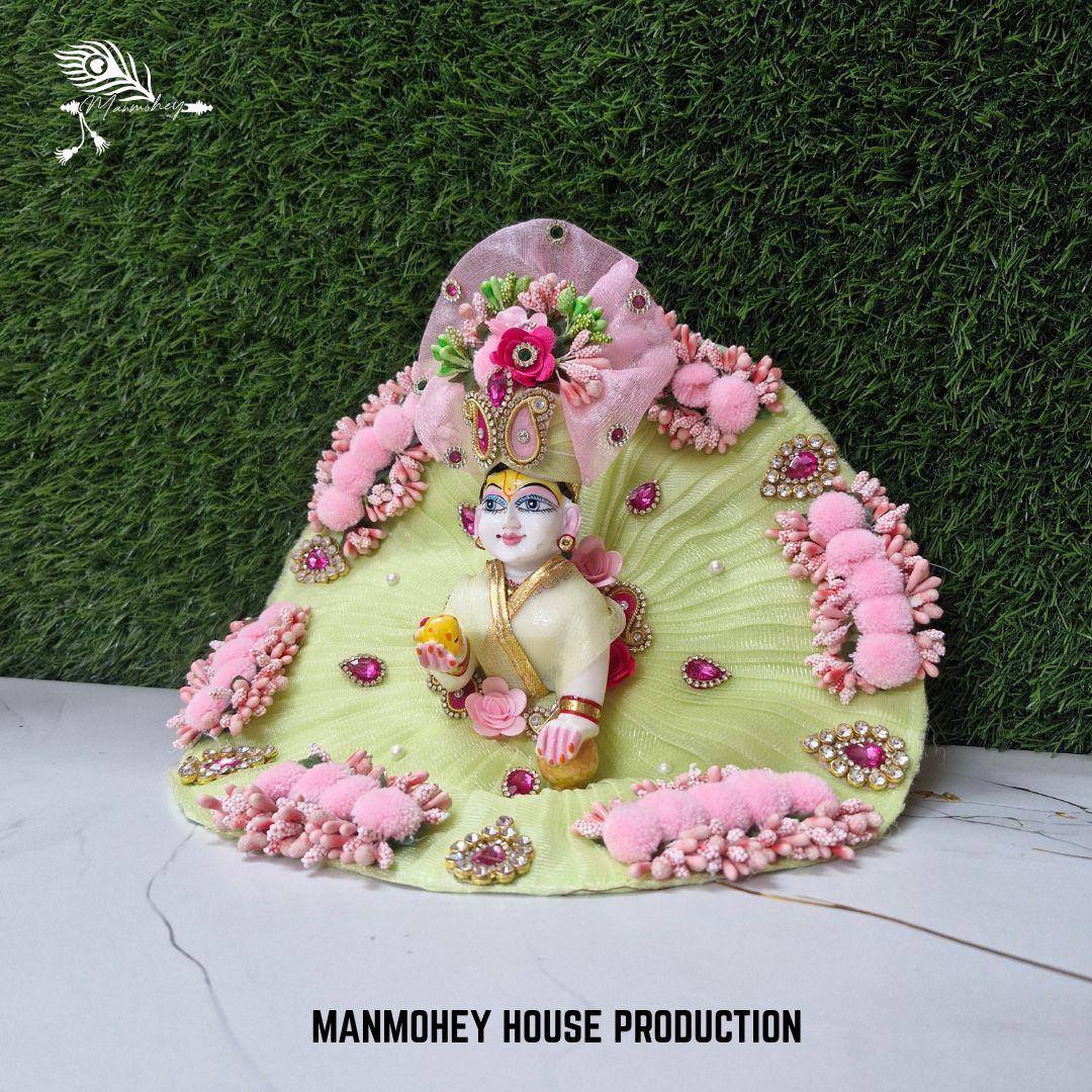 Pastel Green Velvet Look Dress for Laddu Gopal Ji with Pink Floral Embellishments