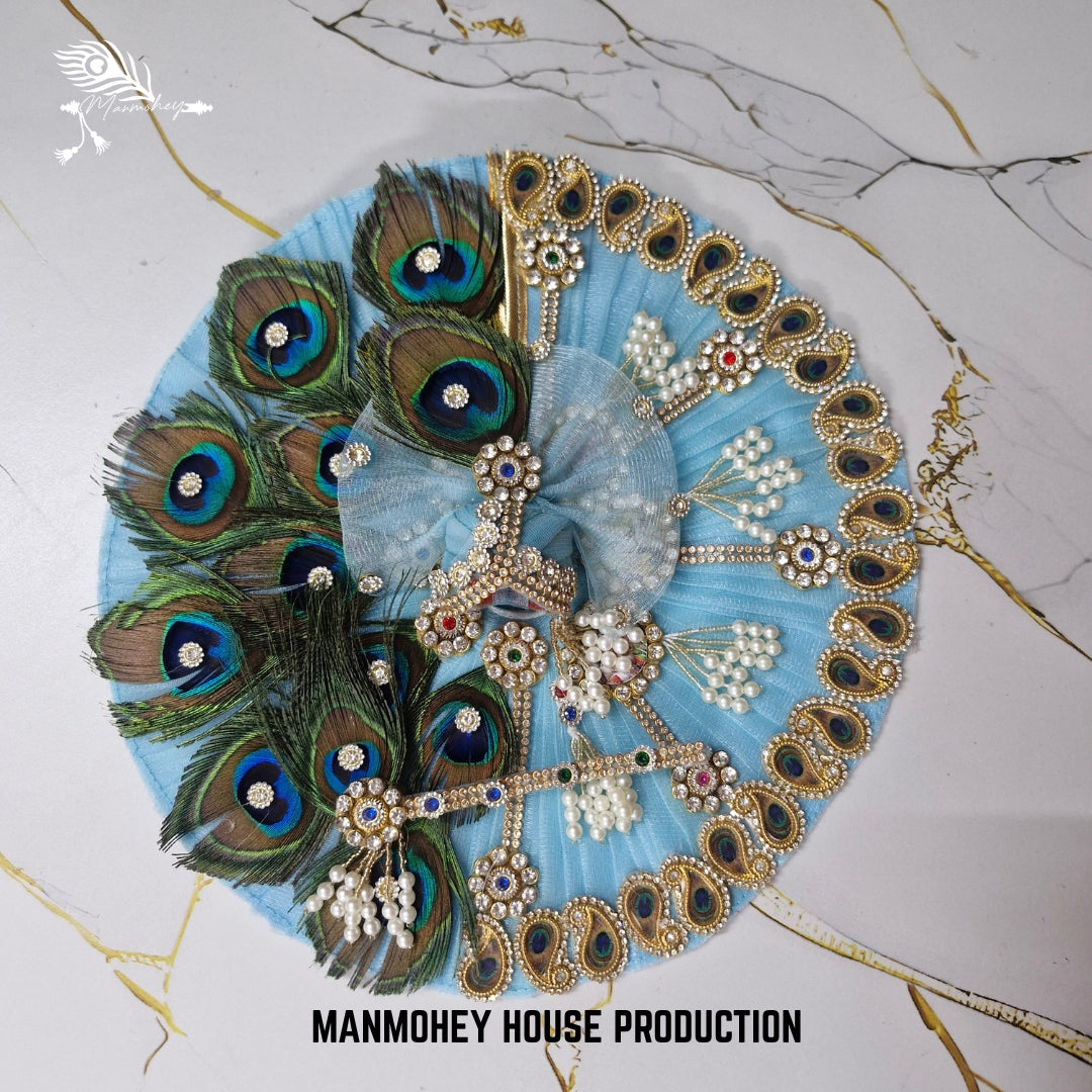 Elegant Blue Peacock Feather Laddu Gopal Dress with Crown & Accessories