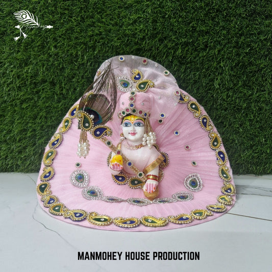 Pink Laddu Gopal Dress with Bansuri and Peacock Border | Handmade Designer Dress