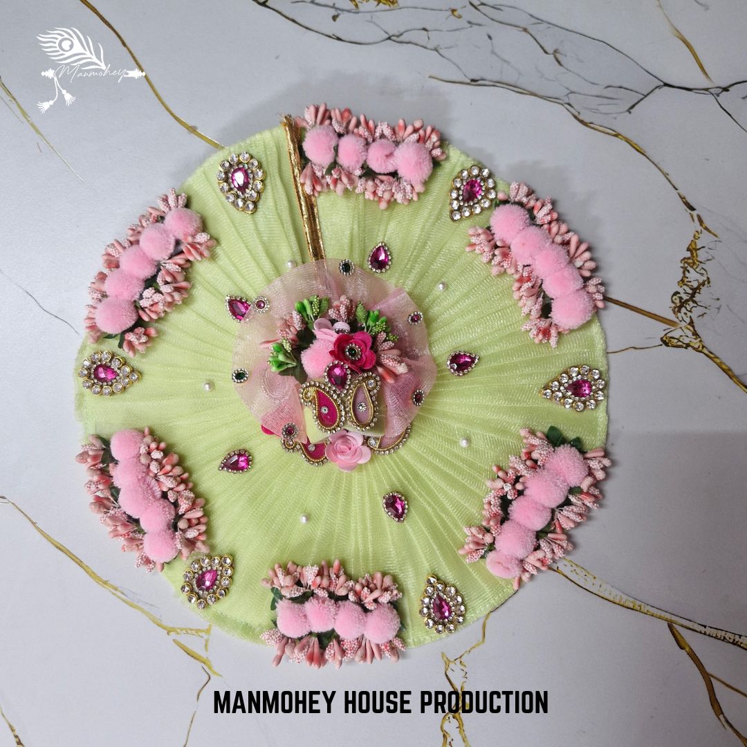 Pastel Green Velvet Look Dress for Laddu Gopal Ji with Pink Floral Embellishments