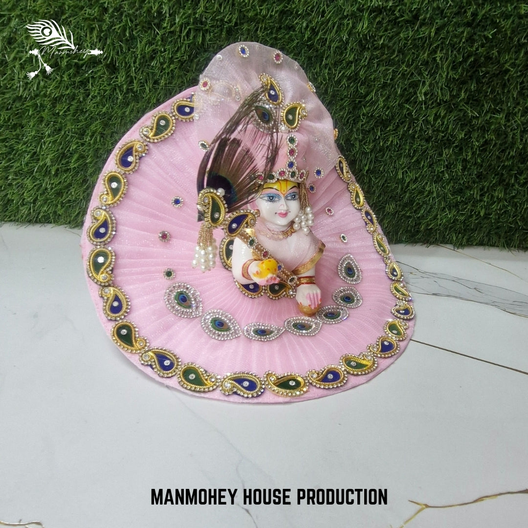 Pink Laddu Gopal Dress with Bansuri and Peacock Border | Handmade Designer Dress
